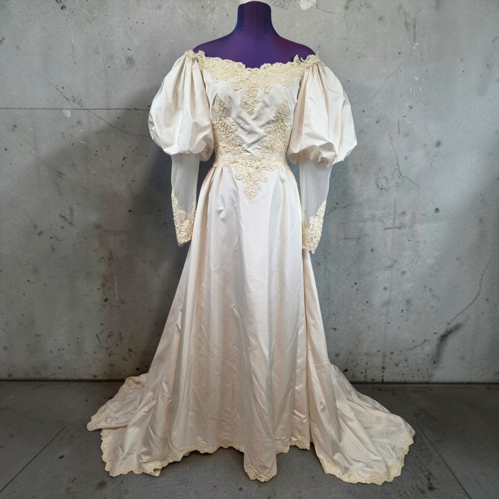 Ivory Satin Wedding Gown Lace Sequin Pearl Cathedral Train Puff Sleeve Vintage